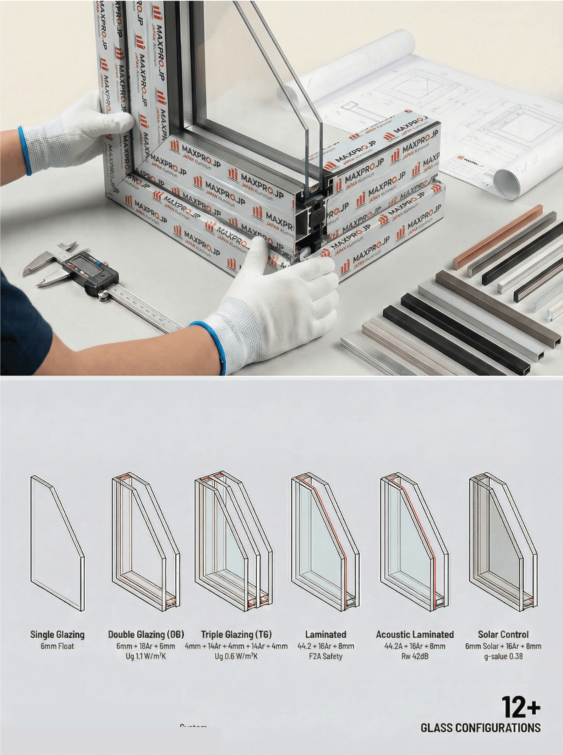 Glass configuration engineering drawing — manufacturing and 12+ glazing options
